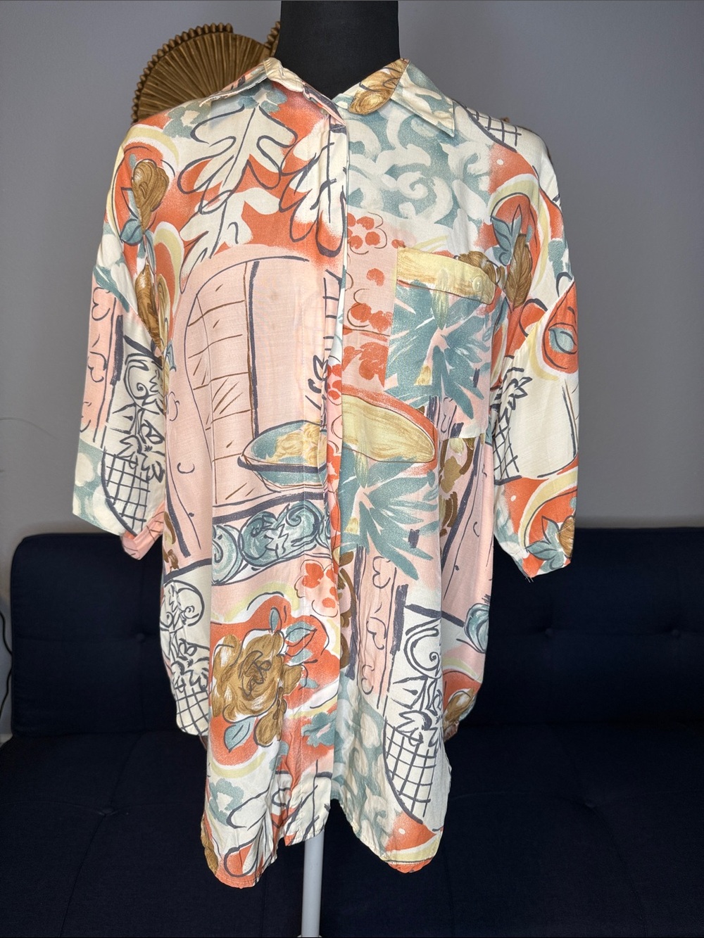 Vintage Yessica Abstract Novelty Floral Print Button-Up Tunic Blouse size 42